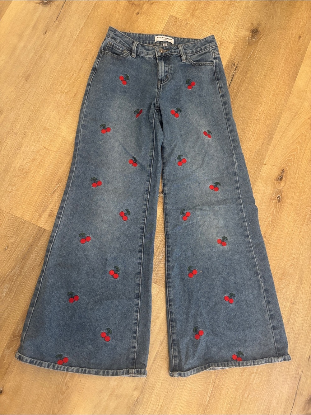 Ashley Mason Blue Wide-Leg Jeans with Red Cherry Embroidery